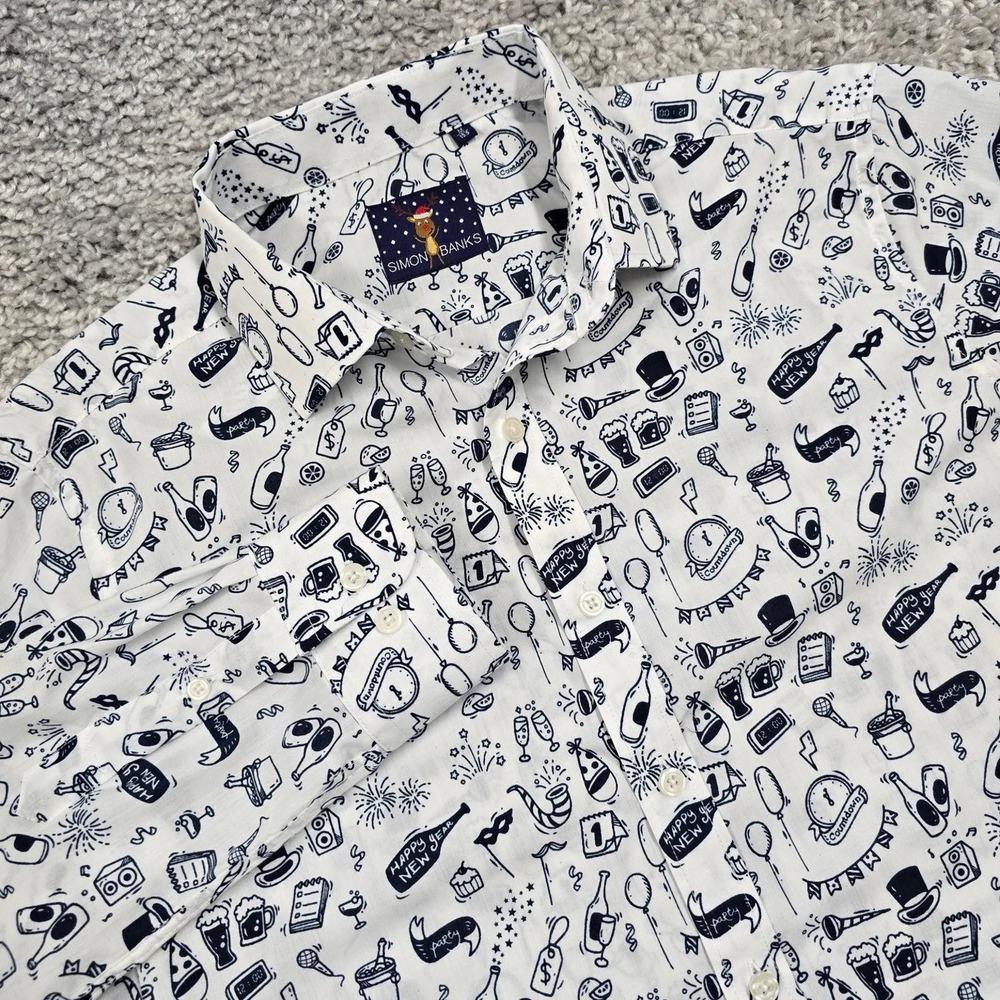 Simon Banks Mens Novelty‎ New Years Eve Print Button Up Shirt Size M Festive Fun